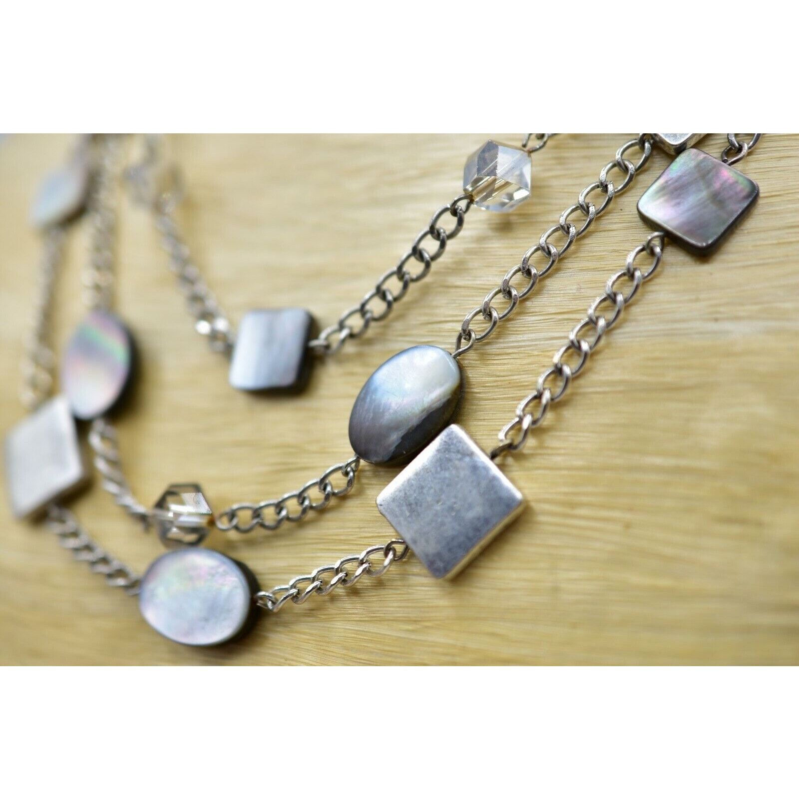 Kenneth Cole Statement Necklace Abalone Shell Multi-Chain Silver Metal Chic Bini 16$